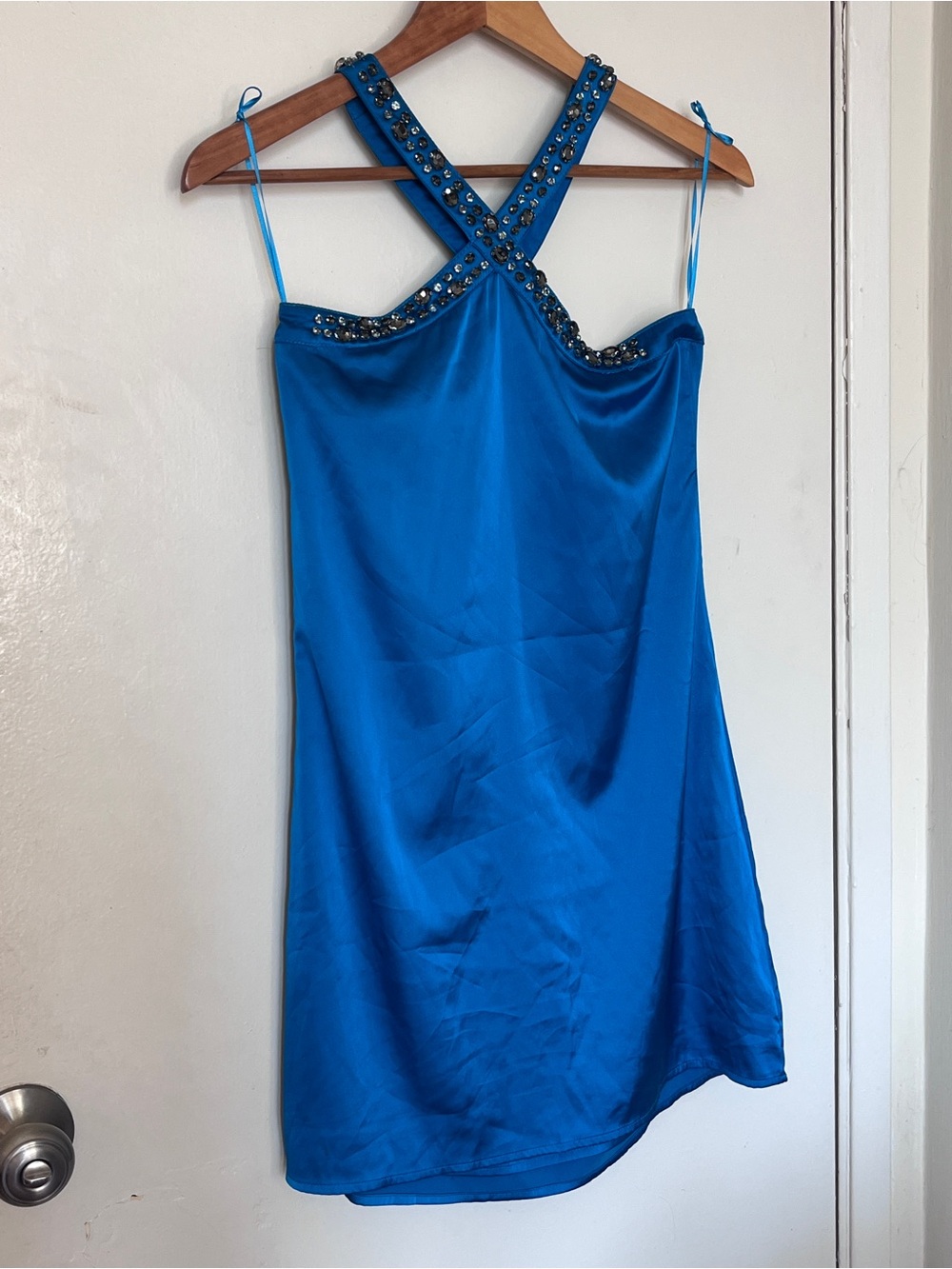Blue Beaded Strappy Slip Dress